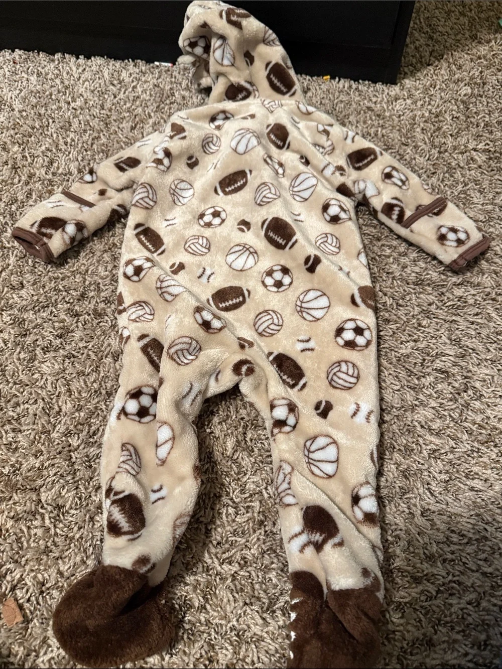 Cozy Beige Sports-Print Footed One-Piece for Kids